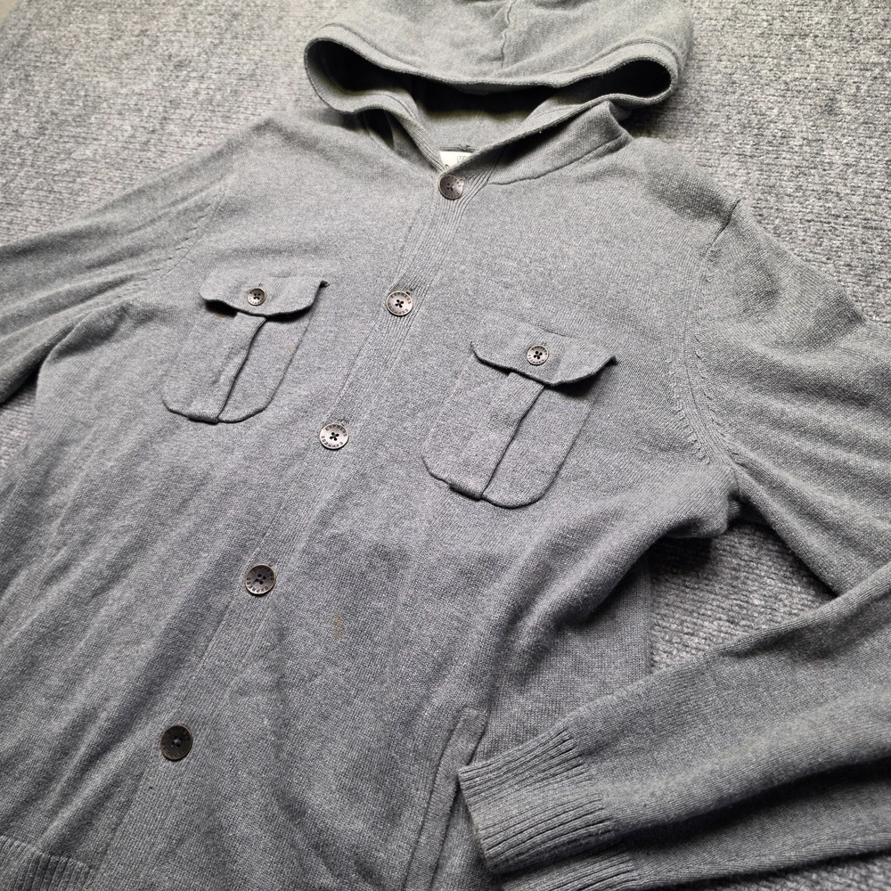 Express Mens Large Gray Cotton Button Front Hooded Sweater Cardigan Jacket L